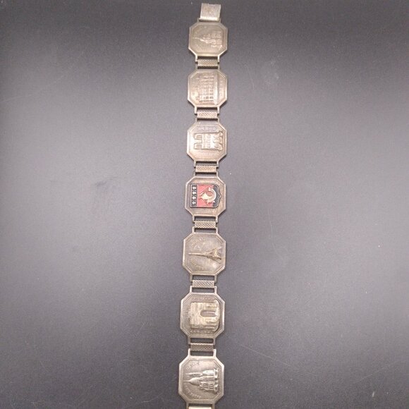 Vintage Silver Tone Paris Metal Enamel Link Panel Bracelet Souvenir  8” - Picture 8 of 8